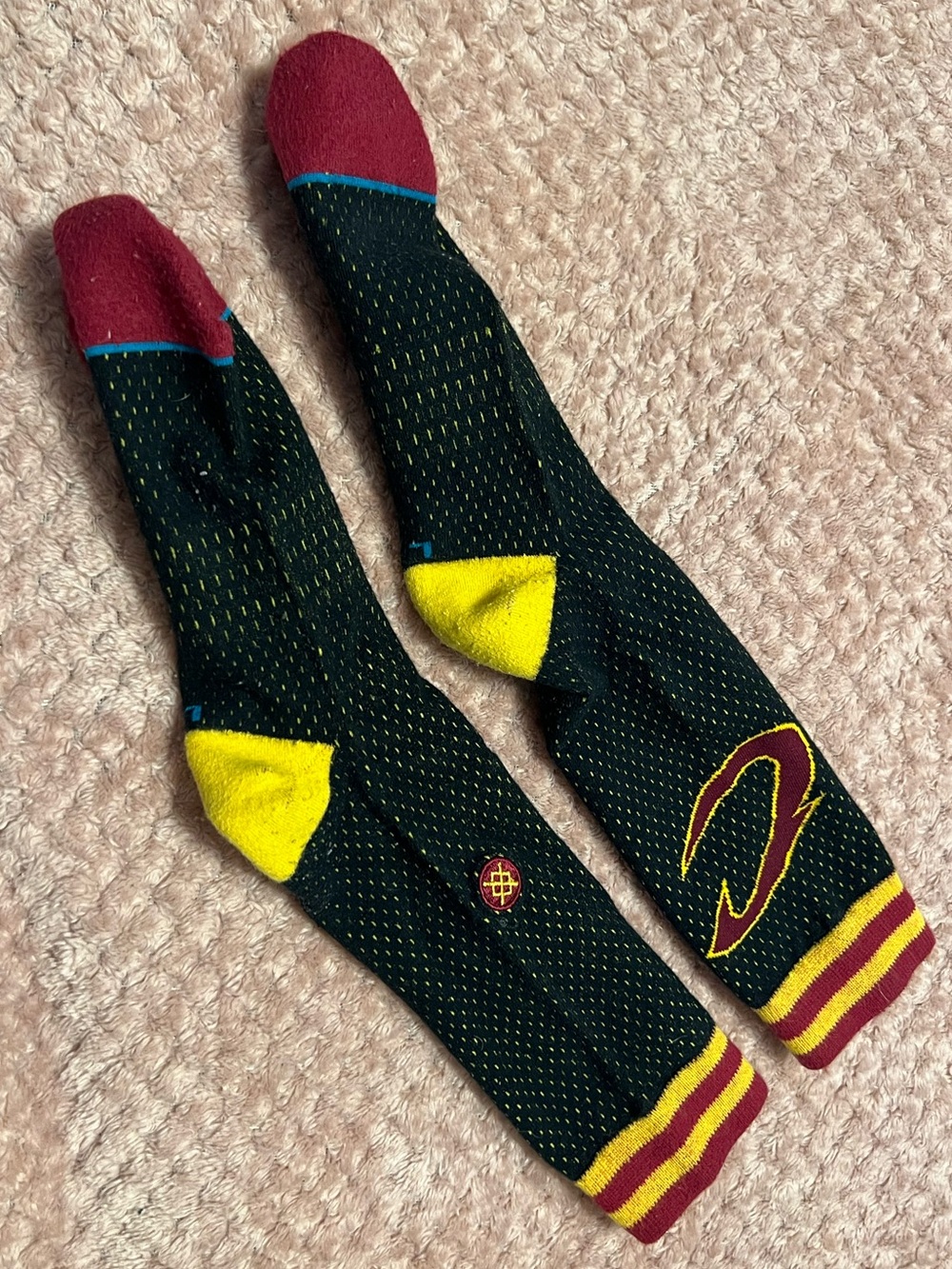 Men's Black Crew Socks with Maroon Toe and Yellow Heel